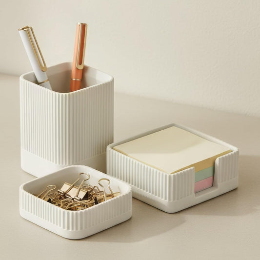 Aesthetic Desk Organizer Set of 3 for Your Office - Sturdy Concrete Desktop Accessories for Women or Men Enhance Any Office Decor - Set Incl. Pen Holder, Paperclip Storage and Sticky Note Holder