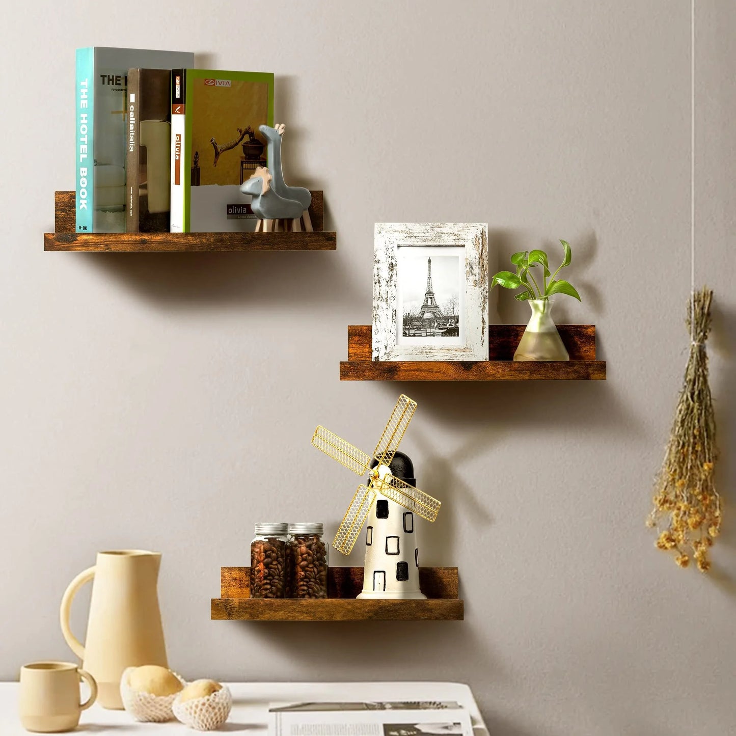 Floating Shelves,  Home Wood Shelf Wall Mounted, Set of 5, Multiple Sizes, Brown