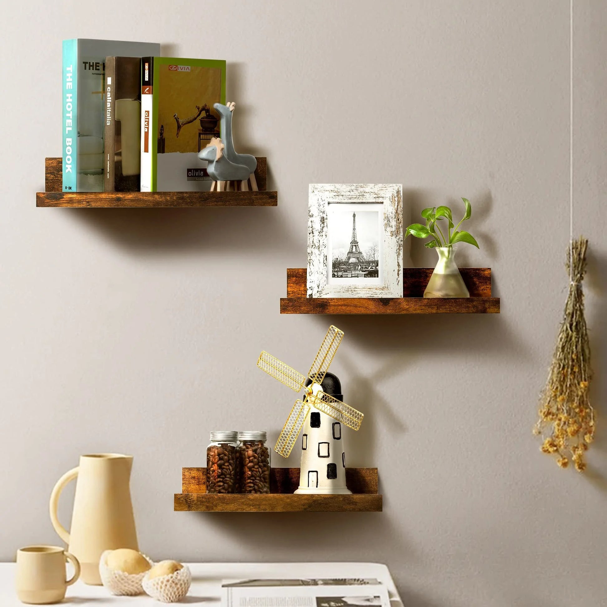 Floating Shelves,  Home Wood Shelf Wall Mounted, Set of 5, Multiple Sizes, Brown