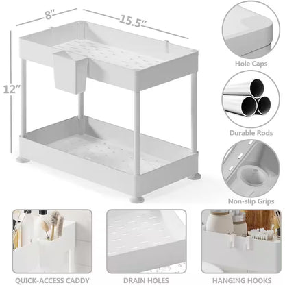 2-Tier White under Sink Organizer Storage Cabinet Basket Drawer