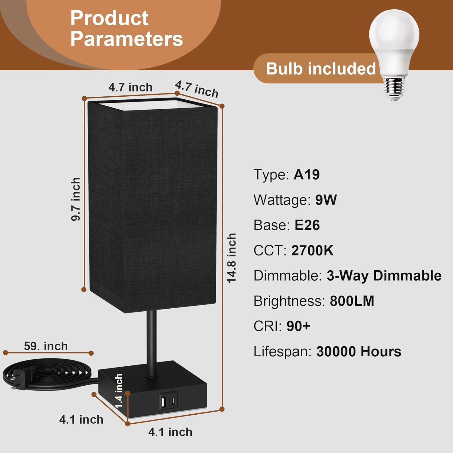 Bedside Table Lamp for Bedroom with 2 USB Ports, 14-Inch, Black | USB A+C Ports, Touch 3-Way Dimmable LED Bulb Included Fabric Lampshade Metal Base Small Nightstand Lamp for Desk Living Room