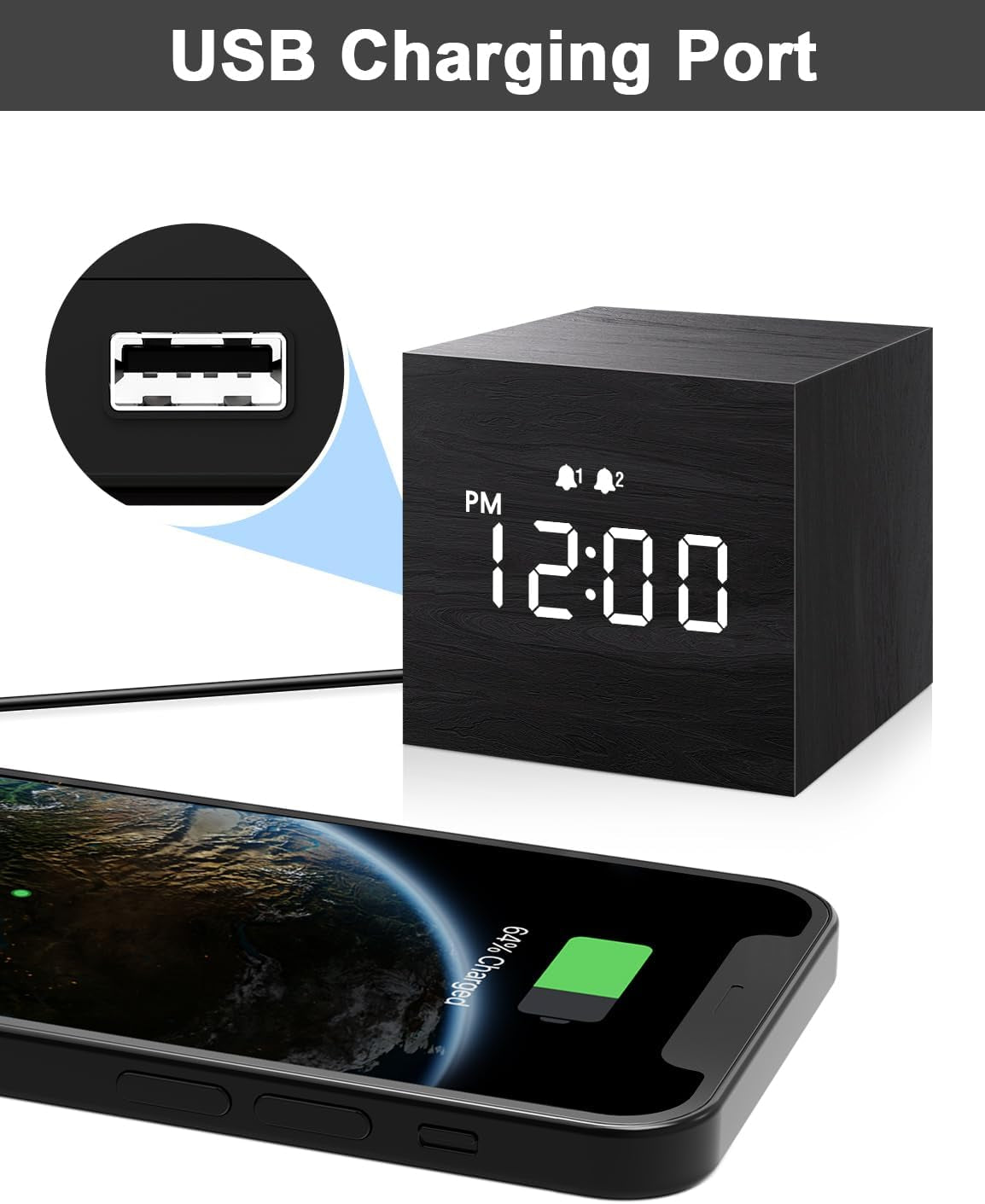 Digital Alarm Clock, with Wooden Electronic LED Time Display, 3 Alarm, 2.5-Inch Cubic Small Mini Wood Made Electric Clocks for Bedroom, Bedside, Desk, Black
