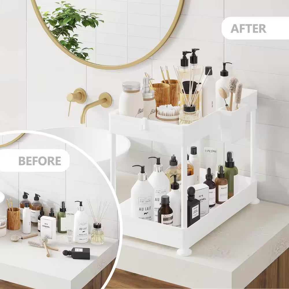 2-Tier White under Sink Organizer Storage Cabinet Basket Drawer