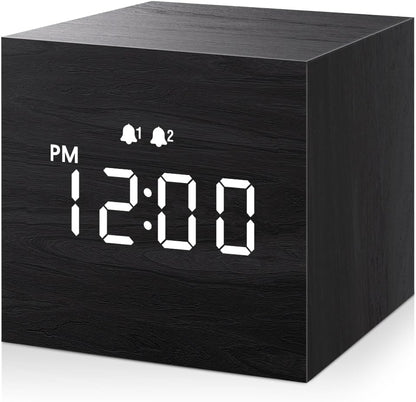 Digital Alarm Clock, with Wooden Electronic LED Time Display, 3 Alarm, 2.5-Inch Cubic Small Mini Wood Made Electric Clocks for Bedroom, Bedside, Desk, Black