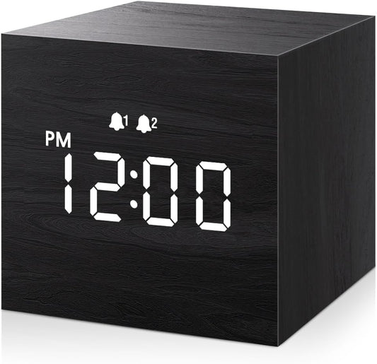 Digital Alarm Clock, with Wooden Electronic LED Time Display, 3 Alarm, 2.5-Inch Cubic Small Mini Wood Made Electric Clocks for Bedroom, Bedside, Desk, Black