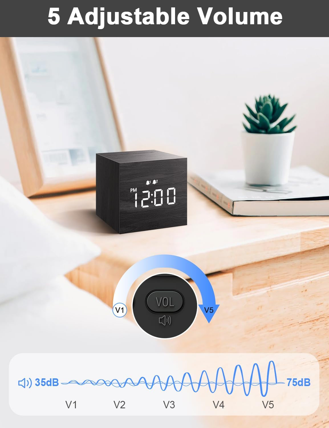 Digital Alarm Clock, with Wooden Electronic LED Time Display, 3 Alarm, 2.5-Inch Cubic Small Mini Wood Made Electric Clocks for Bedroom, Bedside, Desk, Black