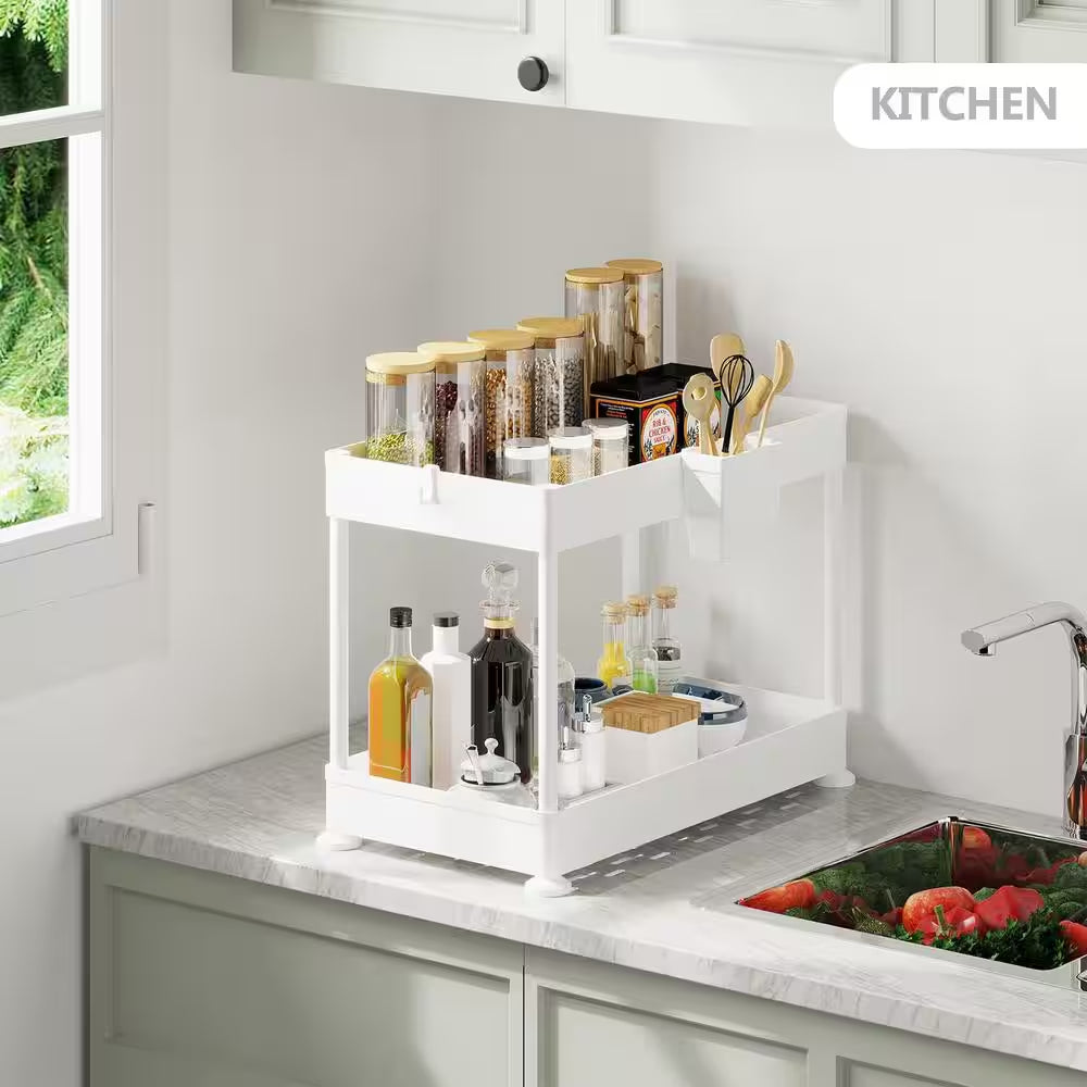 2-Tier White under Sink Organizer Storage Cabinet Basket Drawer