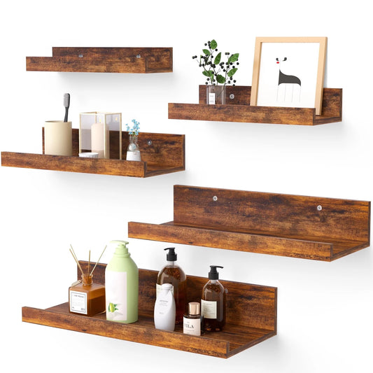Floating Shelves,  Home Wood Shelf Wall Mounted, Set of 5, Multiple Sizes, Brown