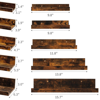 Floating Shelves,  Home Wood Shelf Wall Mounted, Set of 5, Multiple Sizes, Brown