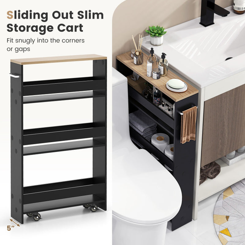 Narrow Mobile Serving Cart with Open Shelves for Kitchen Bathroom Living Room