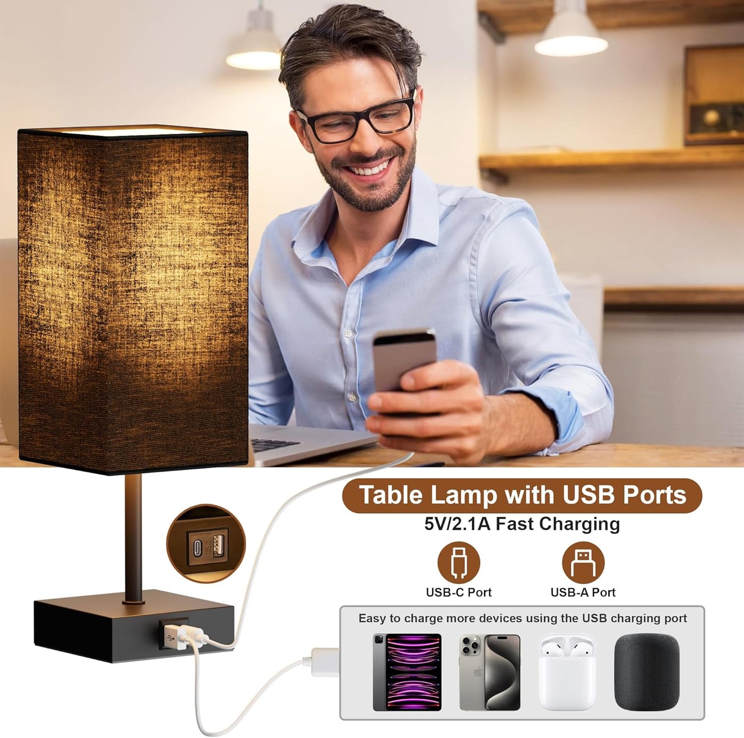 Bedside Table Lamp for Bedroom with 2 USB Ports, 14-Inch, Black | USB A+C Ports, Touch 3-Way Dimmable LED Bulb Included Fabric Lampshade Metal Base Small Nightstand Lamp for Desk Living Room