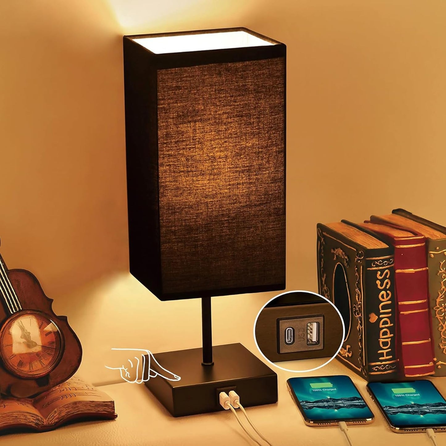 Bedside Table Lamp for Bedroom with 2 USB Ports, 14-Inch, Black | USB A+C Ports, Touch 3-Way Dimmable LED Bulb Included Fabric Lampshade Metal Base Small Nightstand Lamp for Desk Living Room