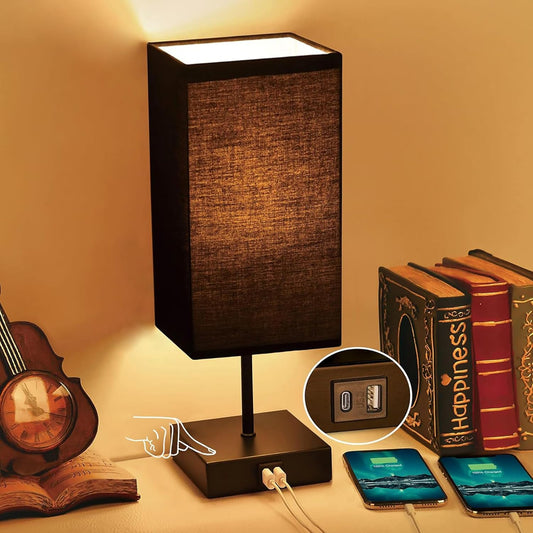Bedside Table Lamp for Bedroom with 2 USB Ports, 14-Inch, Black | USB A+C Ports, Touch 3-Way Dimmable LED Bulb Included Fabric Lampshade Metal Base Small Nightstand Lamp for Desk Living Room