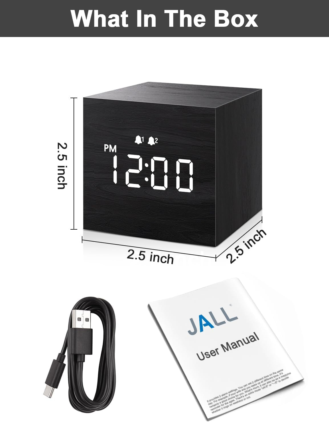 Digital Alarm Clock, with Wooden Electronic LED Time Display, 3 Alarm, 2.5-Inch Cubic Small Mini Wood Made Electric Clocks for Bedroom, Bedside, Desk, Black