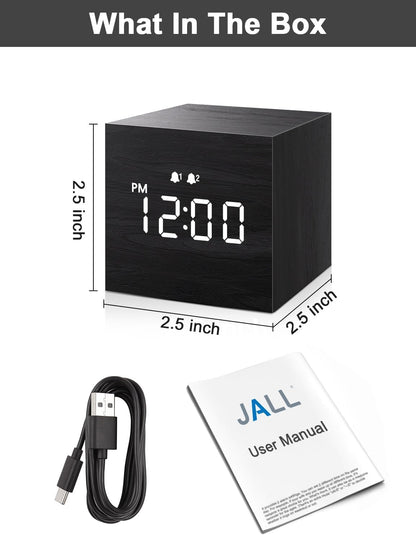 Digital Alarm Clock, with Wooden Electronic LED Time Display, 3 Alarm, 2.5-Inch Cubic Small Mini Wood Made Electric Clocks for Bedroom, Bedside, Desk, Black