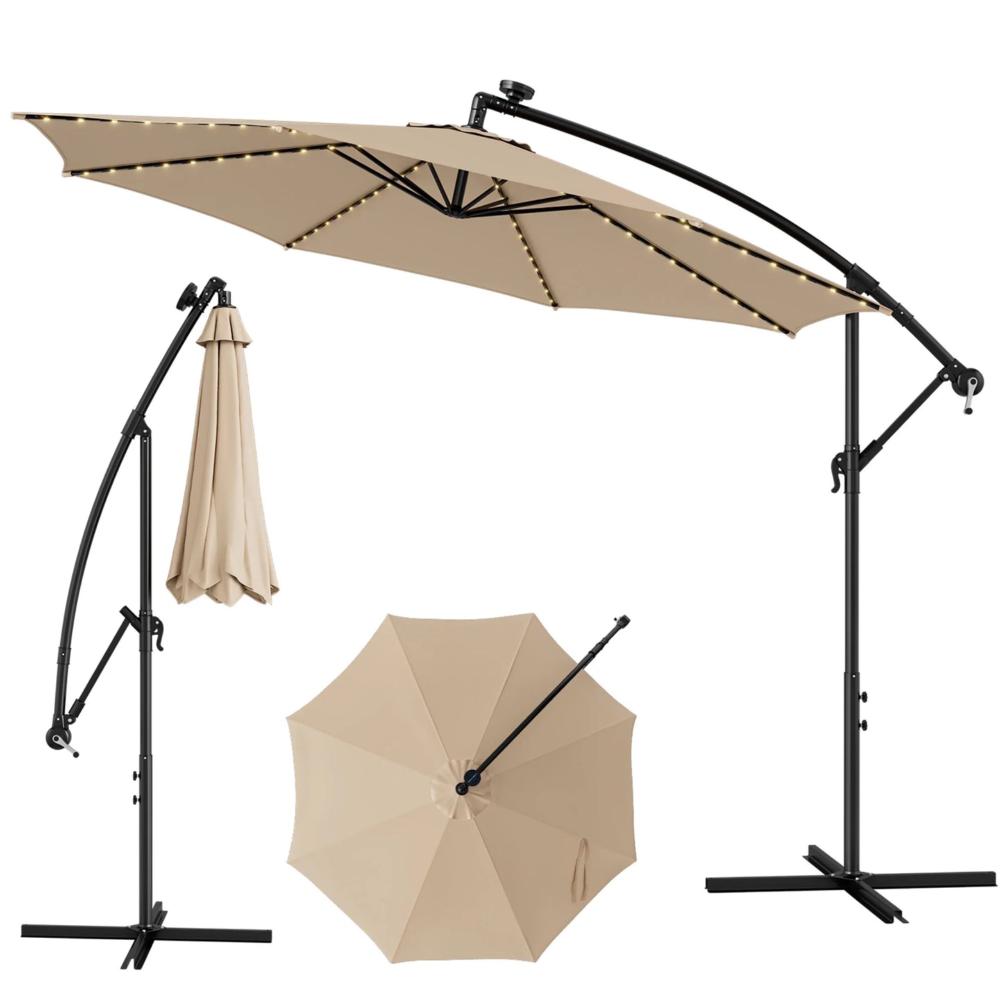 10FT Patio Solar-Lighted 112 LED Cantilever Offset Umbrella Crank Tilt Outdoor Beige