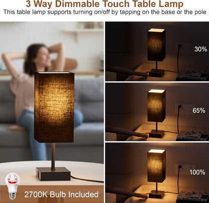 Bedside Table Lamp for Bedroom with 2 USB Ports, 14-Inch, Black | USB A+C Ports, Touch 3-Way Dimmable LED Bulb Included Fabric Lampshade Metal Base Small Nightstand Lamp for Desk Living Room