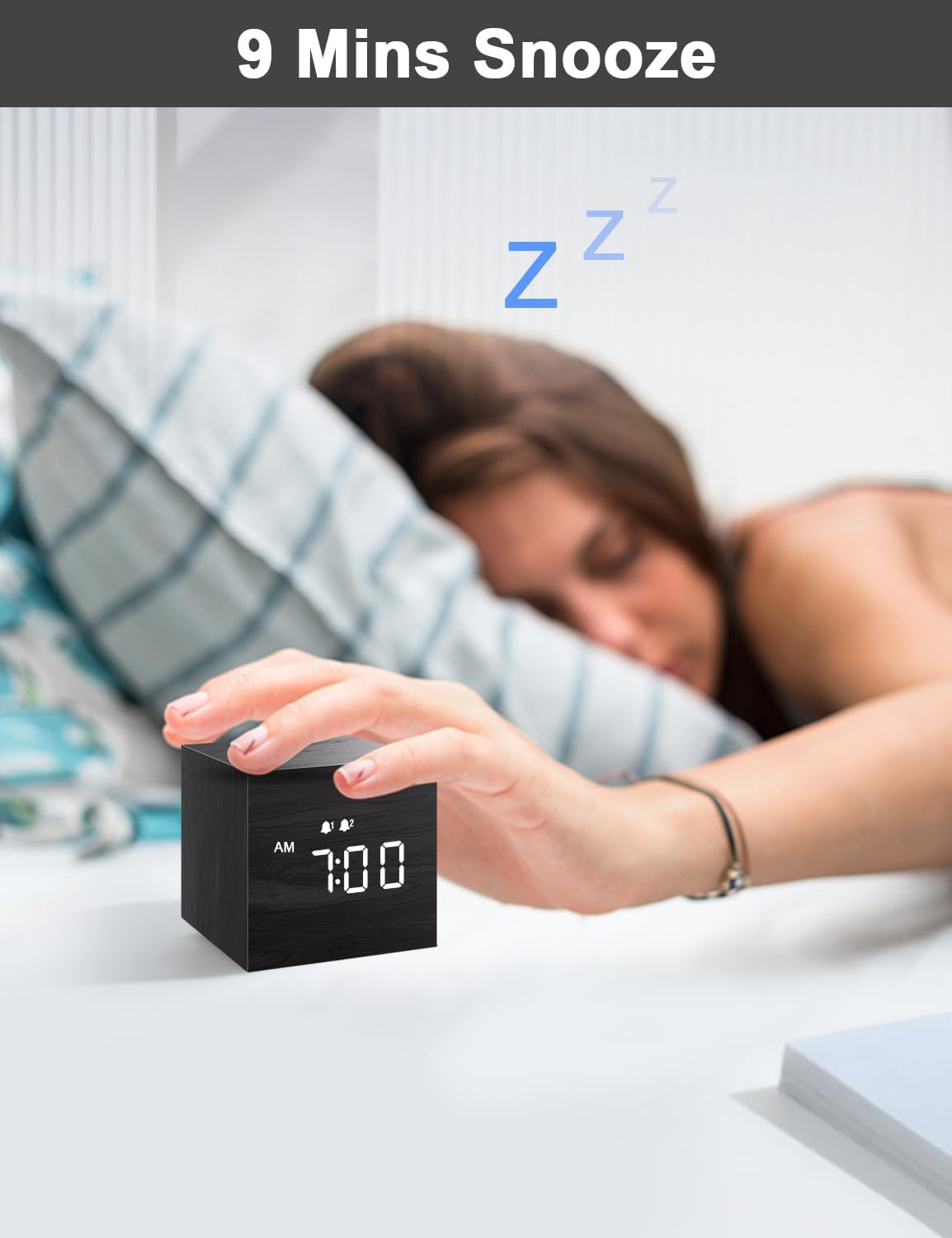 Digital Alarm Clock, with Wooden Electronic LED Time Display, 3 Alarm, 2.5-Inch Cubic Small Mini Wood Made Electric Clocks for Bedroom, Bedside, Desk, Black